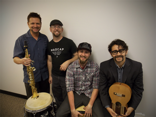 Smile Music: Four member of Cabildo, from left, Jonathan Berrera Mikulich, Josh Dunigan, Dustin Miller, Julio Villalobos -- pumped up Local Spins Live. (Photo/Anna Sinkevics)