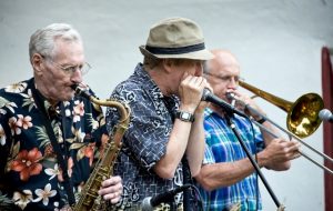 Birthday Bash: Saxophonist Arno Marsh celebrated his 85th birthday in a recent Jazz at the Zoo concert with his son, Randy, at right, trombonist Paul Brewer and pianist Robin Connell. (Photo/Dianne Carroll Burdick)