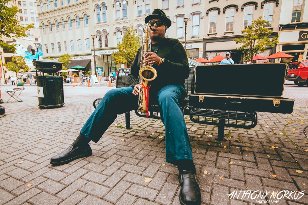 Saxophone Serenade: Buskers populate downtown Grand Rapids during ArtPrize, some busking for votes, some for dollars. 