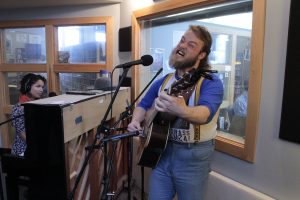 Firing Up the Bluegrass Train: Lavengood during Local Spins on WYCE. (Photo/Anna Sink)