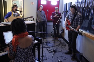On the Air: Scott and Molly Schultz with Mark Lavengood and John Sinkevics during Local Spins on WYCE. (Photo/Anna Sink)