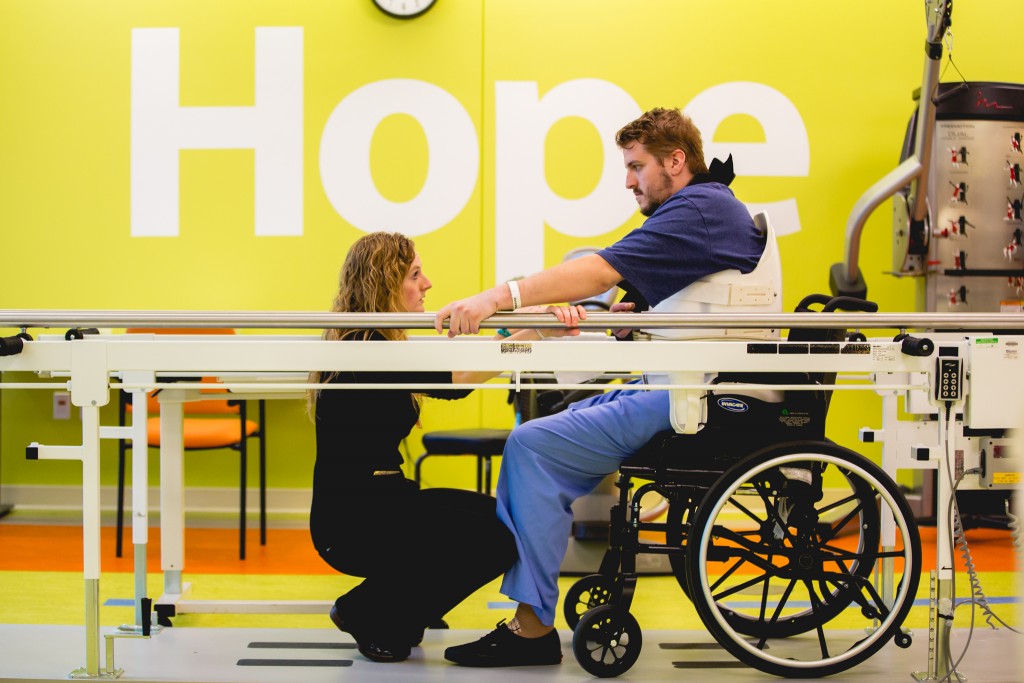 Moving Forward: Drummer Andrew Tkaczyk with physical therapist Megan Kaiser at Mary Free Bed Rehabilitation Hospital. (Photo/Anthony Norkus, Courtesy of Mary Free Bed)